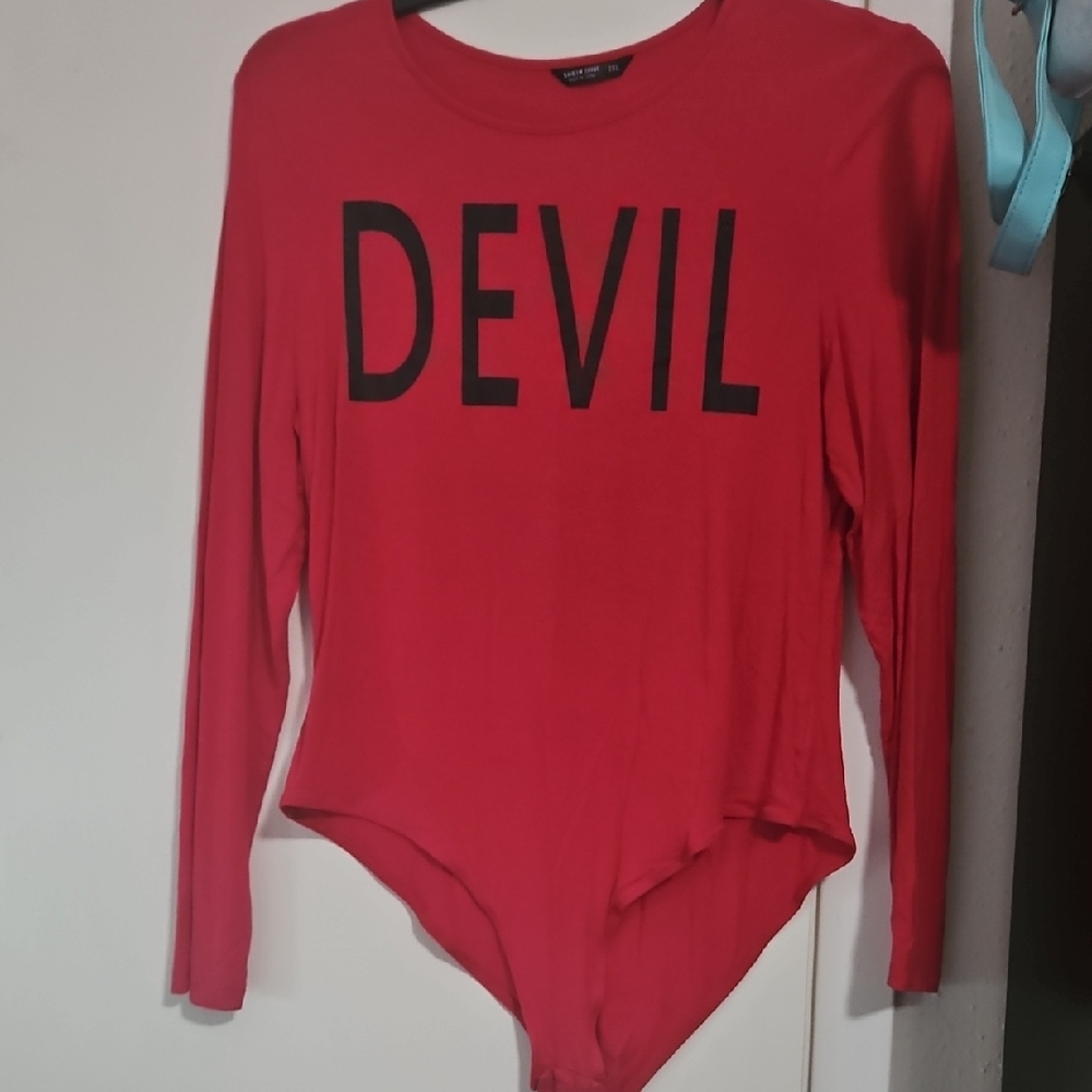 Red Long Sleeve Bodysuit with 'DEVIL' Print Costume Plus Size